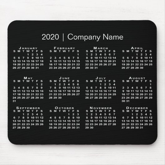 Simple Black White 2020 Calendar Company Name Muismat (Voorkant)