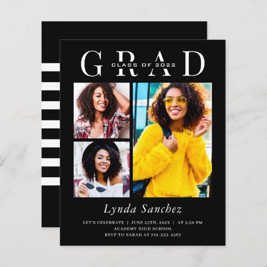 Simple Black White 3 Photo Graduation Invitations (Voorkant / Achterkant)