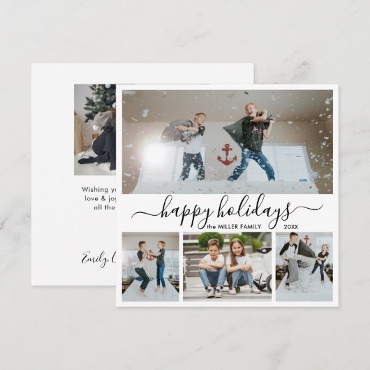 Simple Black White 4 Photo Collage Happy Feestdagenkaart (Voorkant / Achterkant)