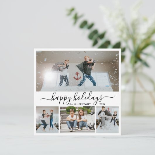 Simple Black White 4 Photo Collage Happy Feestdagenkaart (Staand voorkant)