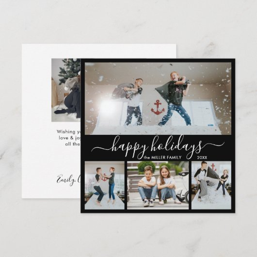 Simple Black White 4 Photo Collage Happy Feestdagenkaart (Voorkant / Achterkant)