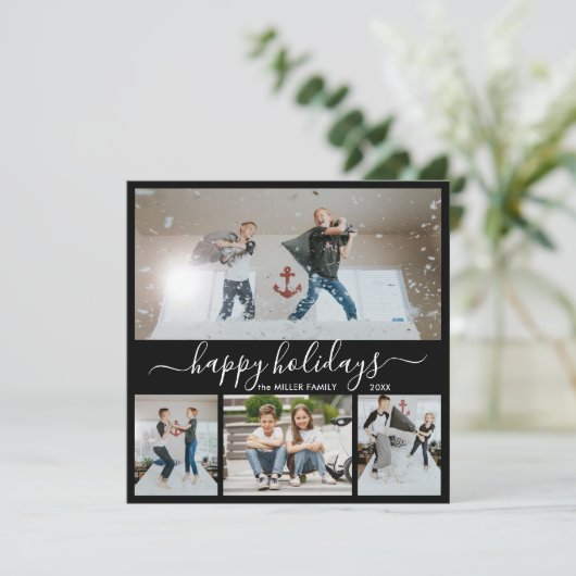 Simple Black White 4 Photo Collage Happy Feestdagenkaart (Staand voorkant)