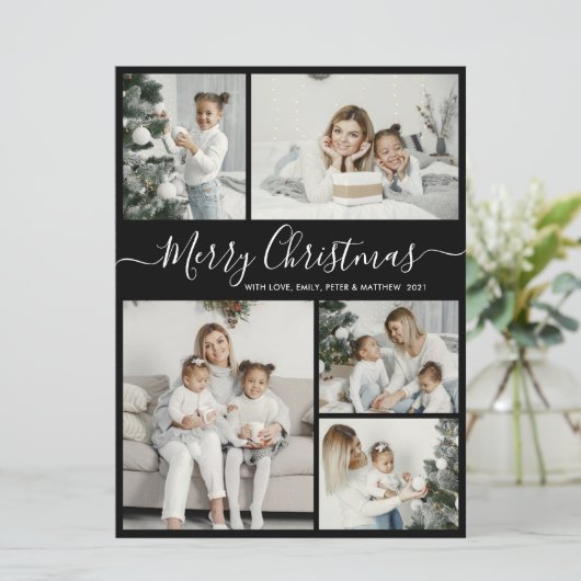 Simple Black White 5 Photo Collage Kerstmis Feestdagenkaart (Staand voorkant)