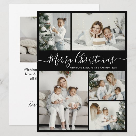 Simple Black White 5 Photo Collage Kerstmis Feestdagenkaart (Voorkant / Achterkant)