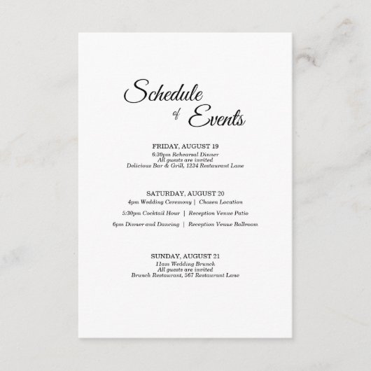 Simple Black White Calligraphy Weddenschap Schedul Informatiekaartje (Voorkant)