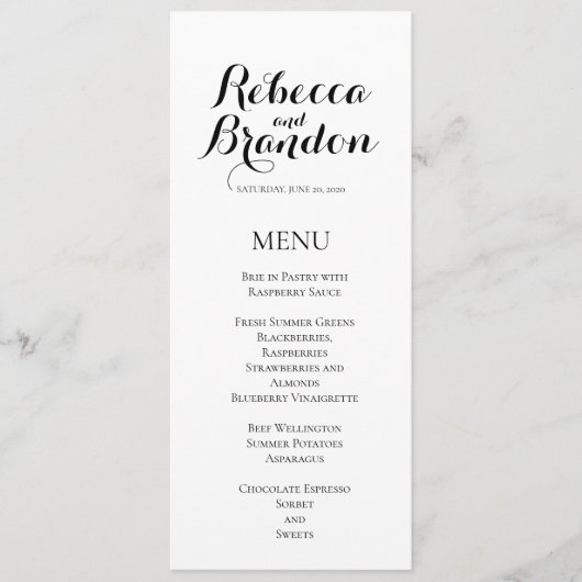 Simple Black White Elegant Script Weduwmenu Programmakaart (Voorkant)