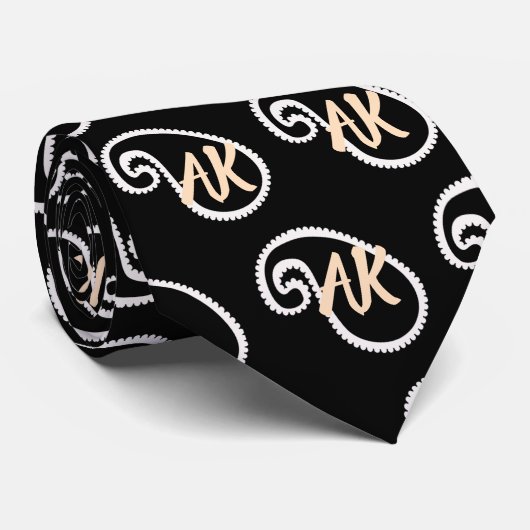 Simple Black White en Oranje Paisley monogramma Stropdas (Opgerold)