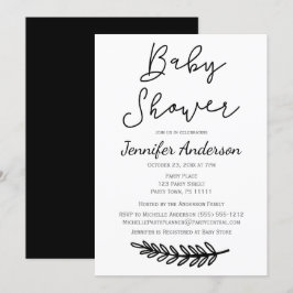 Simple Black White Floral Botanical Baby shower Kaart