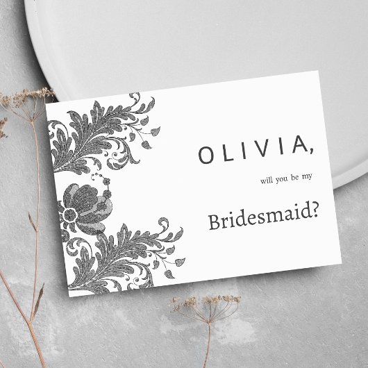 Simple black white glitter floral lace Bridesmaid Kaart