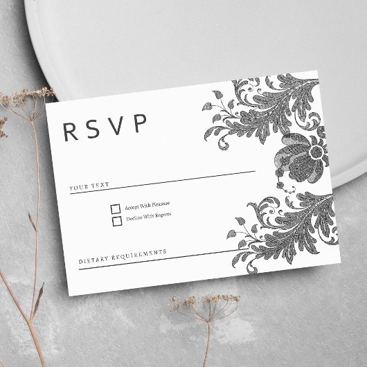 Simple black white glitter floral lace RSVP Kaart