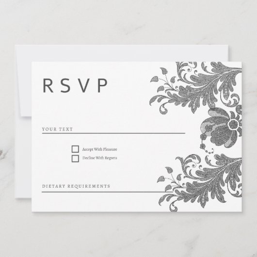 Simple black white glitter floral lace RSVP Kaart (Voorkant)