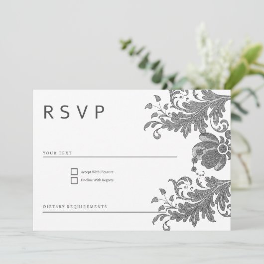 Simple black white glitter floral lace RSVP Kaart (Staand voorkant)