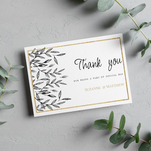 Simple black white gold floral foliage Thank You Kaart