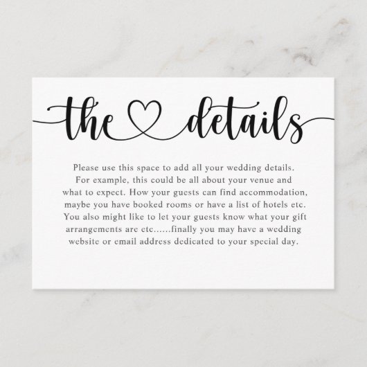 Simple Black & White Heart Wedding Details  Informatiekaartje (Voorkant)