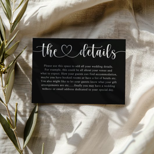 Simple Black & White Heart Wedding Details  Informatiekaartje