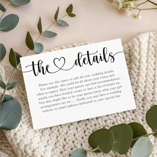 Simple Black & White Heart Wedding Details  Informatiekaartje