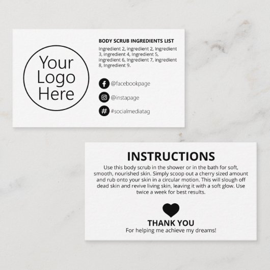 Simple Black White Ingredients Instructions Logo Visitekaartje (Voorkant / Achterkant)