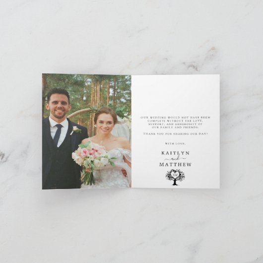 Simple Black & White Monogram Heart Tree Wedding Bedankkaart (Binnen)