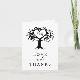 Simple Black & White Monogram Heart Tree Wedding Bedankkaart