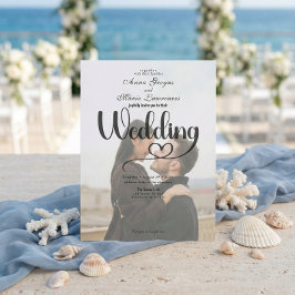 Simple Black White Overlay Photo Wedding  Kaart