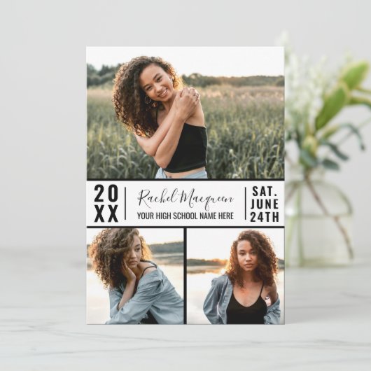 Simple Black White Photo Grid Afstuderen Kaart (Staand voorkant)