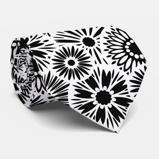Simple Black White Retro 70s Graphic Daisy Pattern Stropdas (Opgerold)