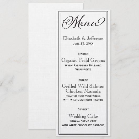 Simple Black & White Script Wedding Menu Kaart (Voorkant / Achterkant)