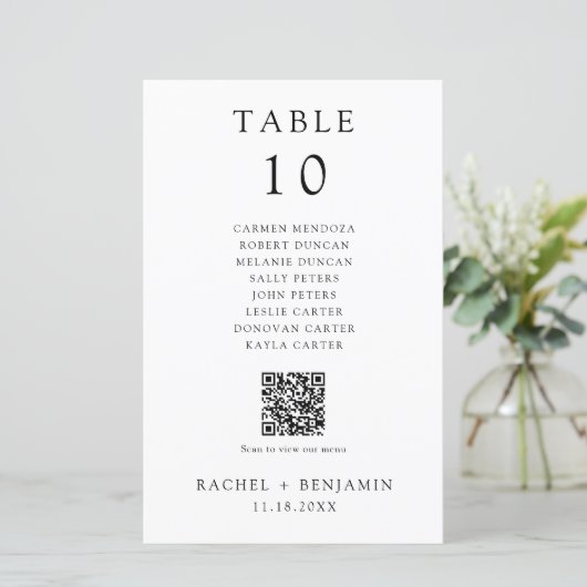 Simple Black White Wedding Seating Chart QR Code (Staand voorkant)