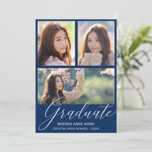 Simple Blue Afstuderen Photo Collage White Script Aankondiging (Staand voorkant)