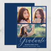 Simple Blue Afstuderen Photo Collage White Script Aankondiging (Voorkant / Achterkant)