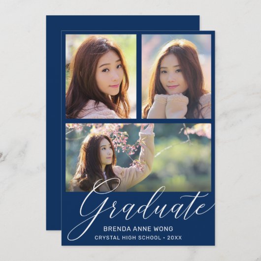 Simple Blue Afstuderen Photo Collage White Script Aankondiging (Voorkant / Achterkant)