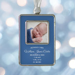 Simple Blue Baby Newborn Photo Keepomwille Gift Verzilverd Omlijst Ornament<br><div class="desc">Voeg je mooie baby foto toe op deze schattige foto van een blauw jongetje: kerstcadeautje met witte typografie. Pas de geboortegegevens van je pasgeborene onder het afbeelding aan.</div>