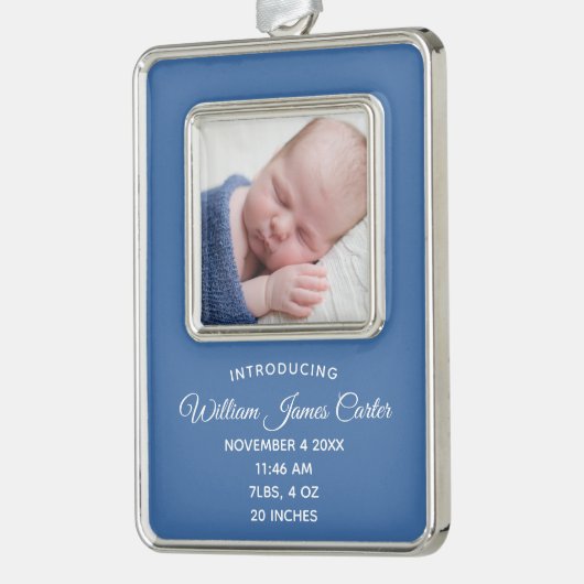 Simple Blue Baby Newborn Photo Keepomwille Gift Verzilverd Omlijst Ornament (Links)