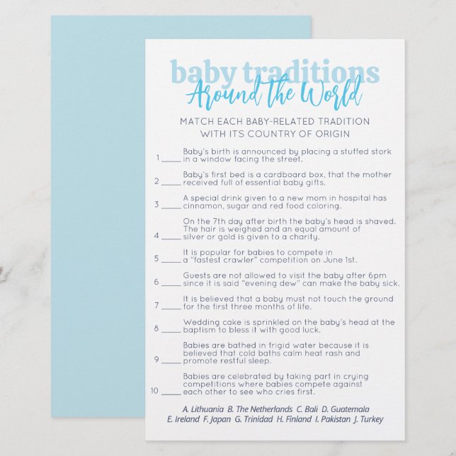 Simple Blue Baby Traditions Baby shower party game (Voorkant / Achterkant)