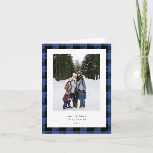 Simple Blue Black Plaid Border 3 Photo Christmas Feestdagen Kaart (Voorkant)