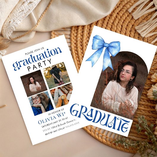 Simple Blue Bow Design Graduation with Photos Kaart
