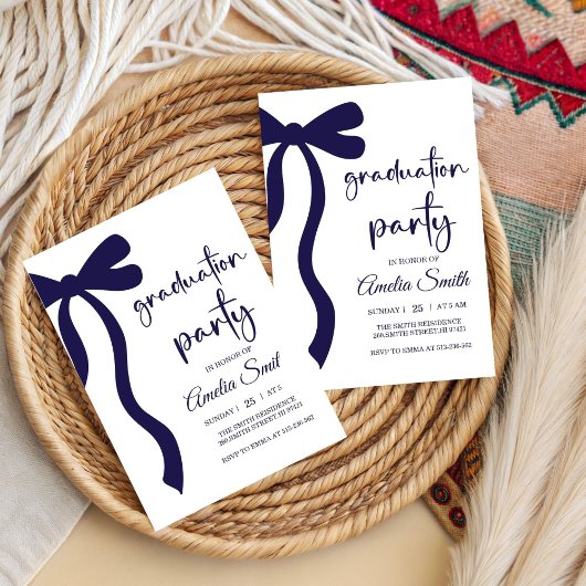 Simple  Blue Bow graduation party invitation Kaart