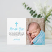 Simple Blue Boy Baptism Christening Foto Bedankkaart (Staand voorkant)