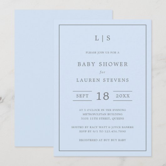 Simple Blue en Grey Monogram Boy Baby shower Kaart (Voorkant / Achterkant)