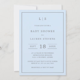 Simple Blue en Grey Monogram Boy Baby shower Kaart