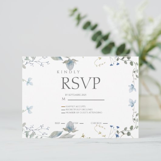 Simple Blue Floral RSVP Card (Staand voorkant)
