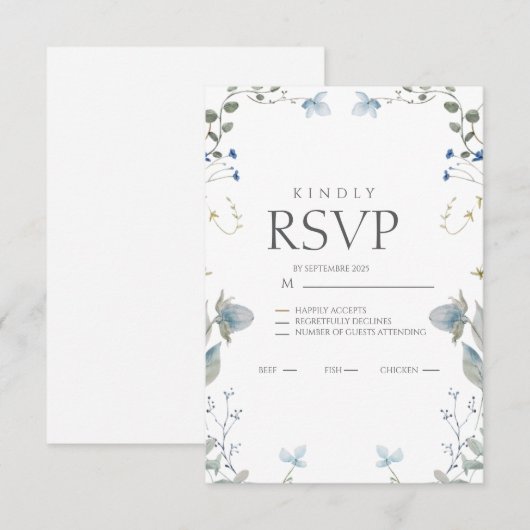 Simple Blue Floral RSVP Card Kaartje (Voorkant / Achterkant)