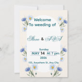 Simple Blue Floral Wedding Invitation Kaart (Voorkant)