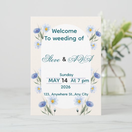 Simple Blue Floral Wedding Invitation Kaart (Staand voorkant)