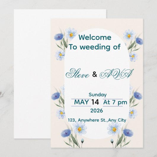 Simple Blue Floral Wedding Invitation Kaart (Voorkant / Achterkant)