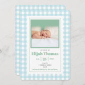 Simple Blue Gingham Photo Custom Newborn Boy Birth Aankondiging (Voorkant / Achterkant)