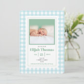 Simple Blue Gingham Photo Custom Newborn Boy Birth Aankondiging (Staand voorkant)