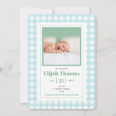 Simple Blue Gingham Photo Custom Newborn Boy Birth Aankondiging (Voorkant)