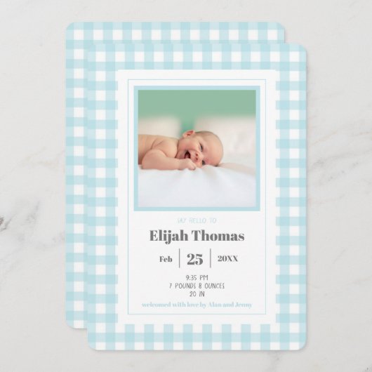 Simple Blue Gingham Photo Custom Newborn Boy Birth Aankondiging (Voorkant / Achterkant)