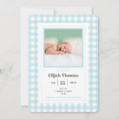 Simple Blue Gingham Photo Custom Newborn Boy Birth Aankondiging (Voorkant)